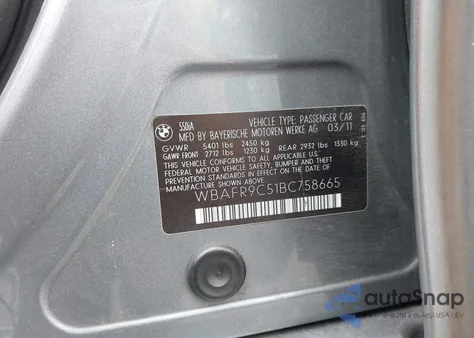 2011 BMW 550I из США, поврежденный, VIN WBAFR9C51BC758665